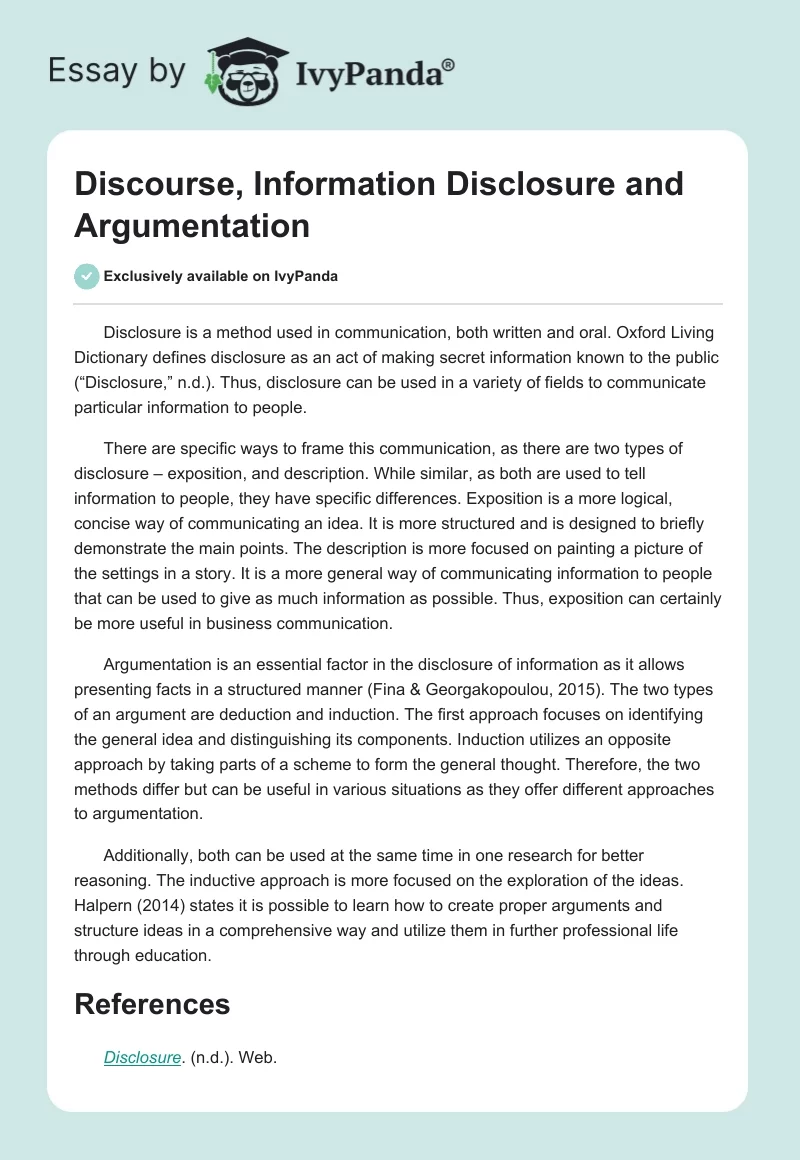 Discourse, Information Disclosure and Argumentation. Page 1