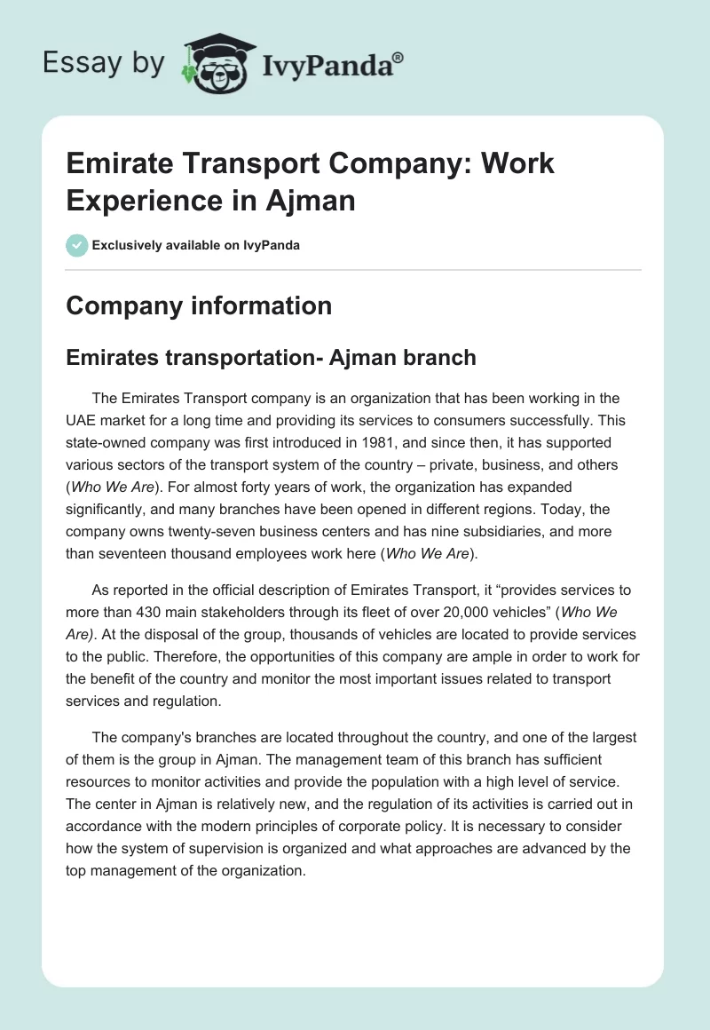 Emirate Transport Company: Work Experience in Ajman. Page 1