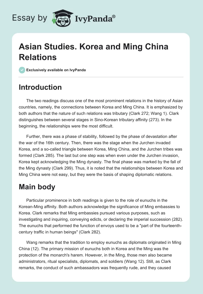 Asian Studies. Korea and Ming China Relations. Page 1