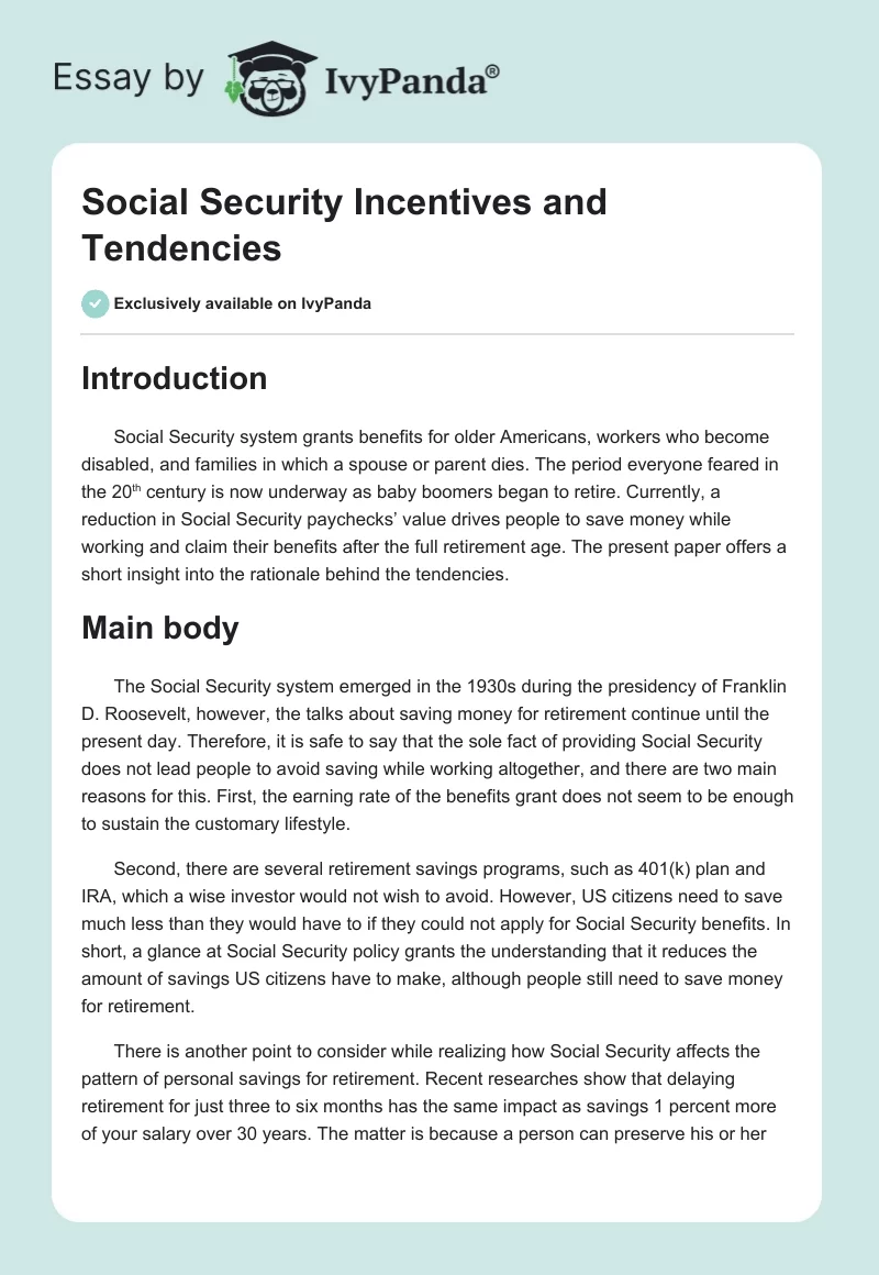 Social Security Incentives and Tendencies. Page 1
