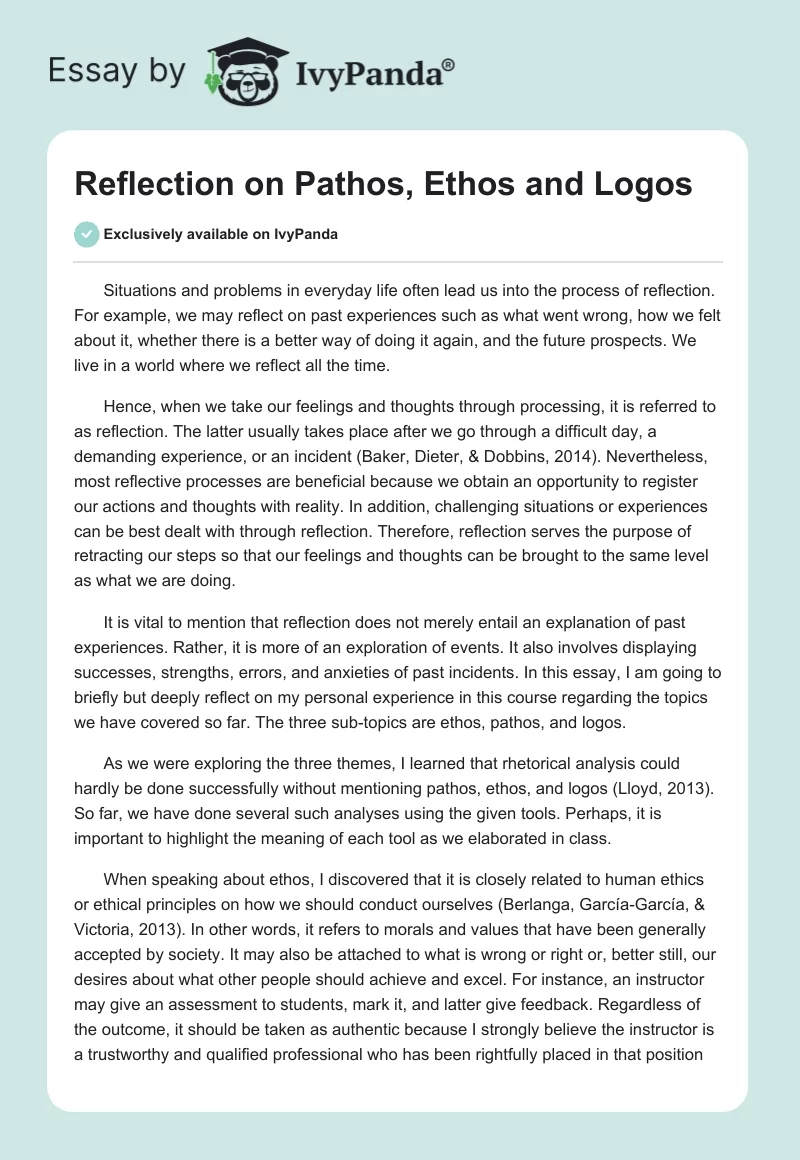Reflection on Pathos, Ethos and Logos. Page 1