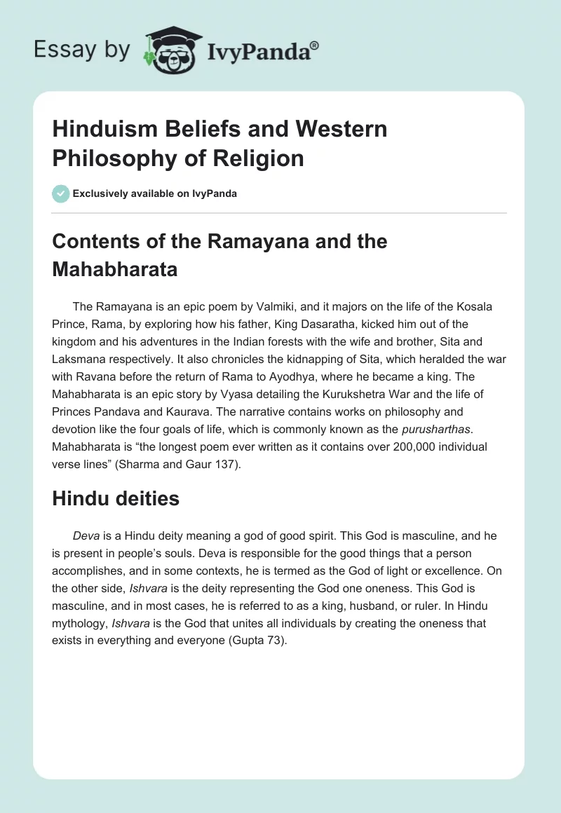Hinduism Beliefs and Western Philosophy of Religion. Page 1