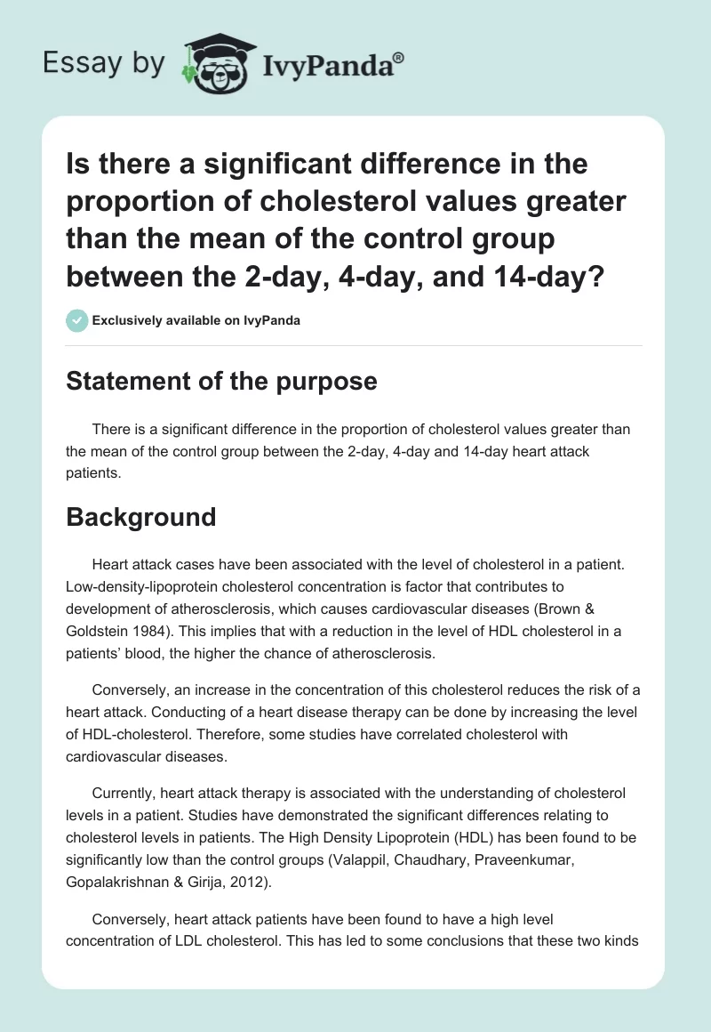 Is there a significant difference in the proportion of cholesterol values greater than the mean of the control group between the 2-day, 4-day, and 14-day?. Page 1