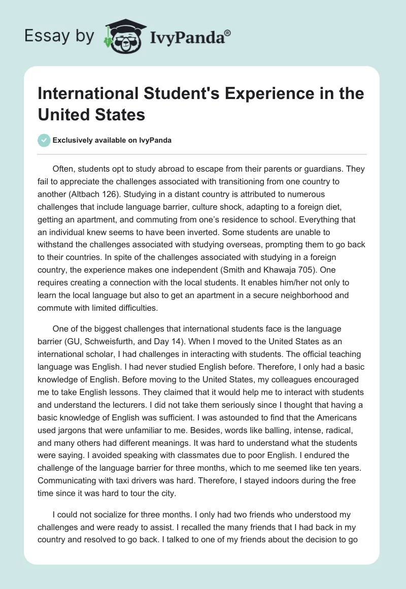 International Student's Experience in the United States. Page 1