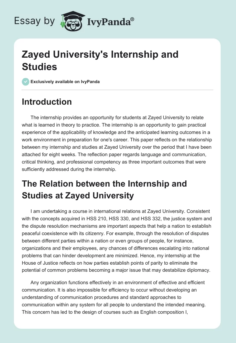 Zayed University's Internship and Studies. Page 1