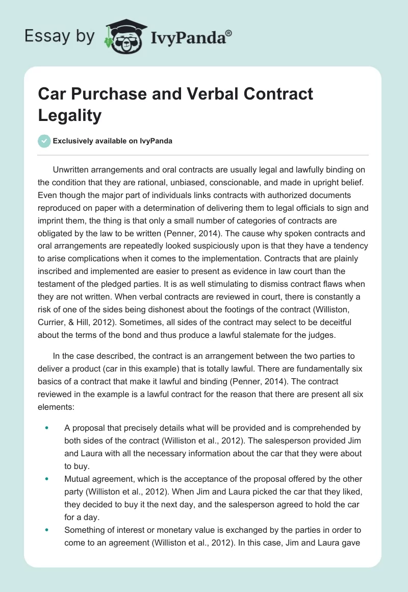 Car Purchase and Verbal Contract Legality. Page 1