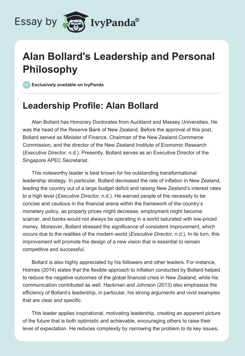 Alan Bollard's Leadership and Personal Philosophy. Page 1