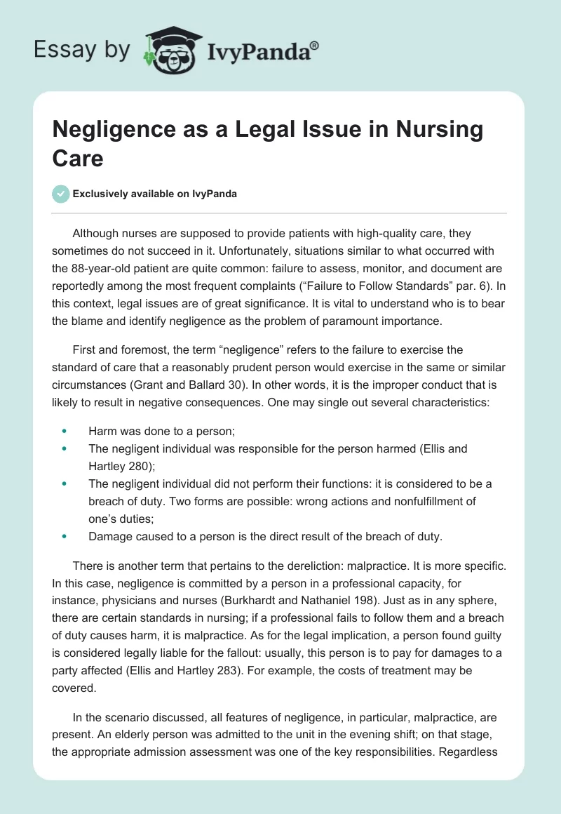 Negligence as a Legal Issue in Nursing Care. Page 1
