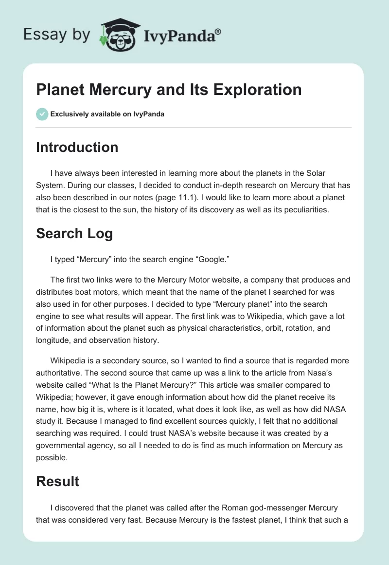 Planet Mercury and Its Exploration. Page 1