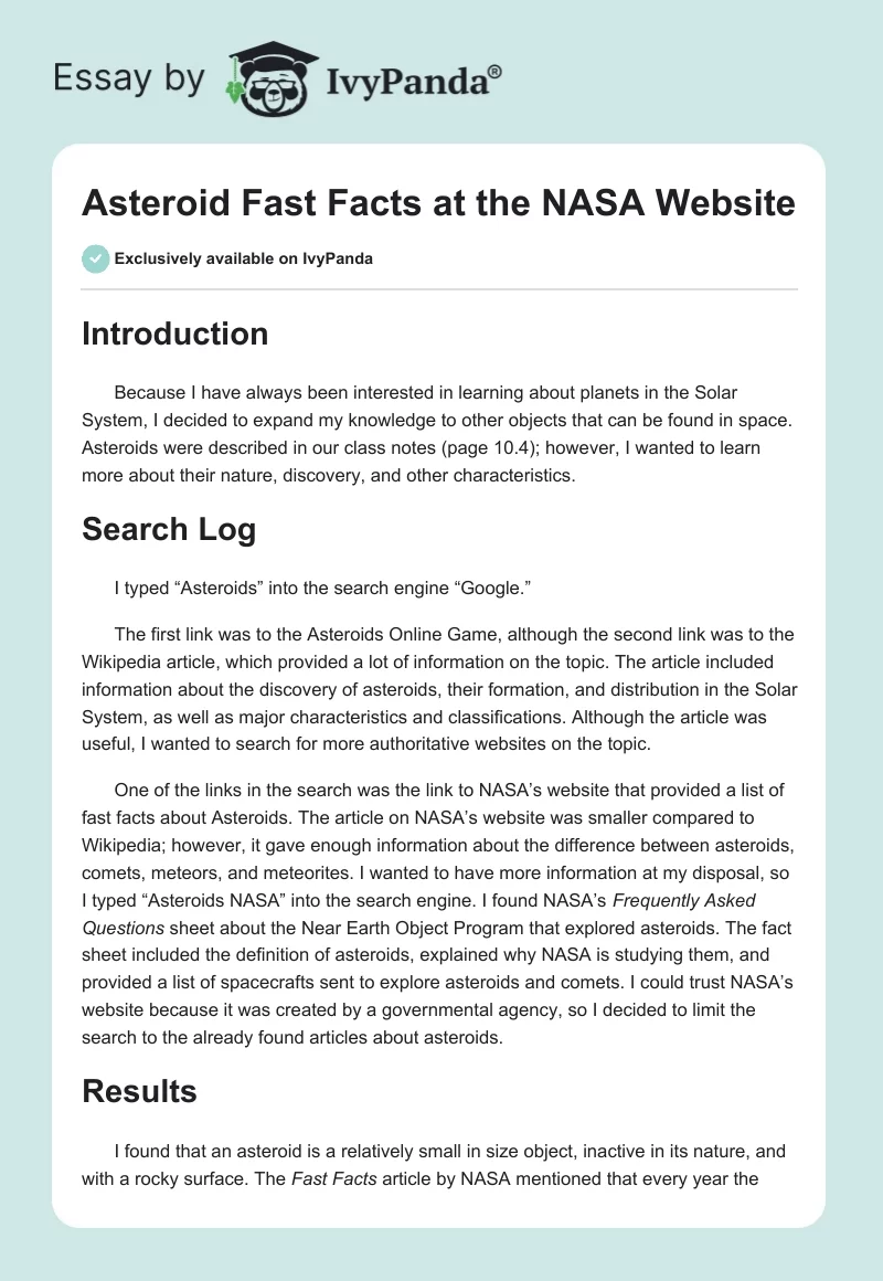 Asteroid Fast Facts at the NASA Website. Page 1