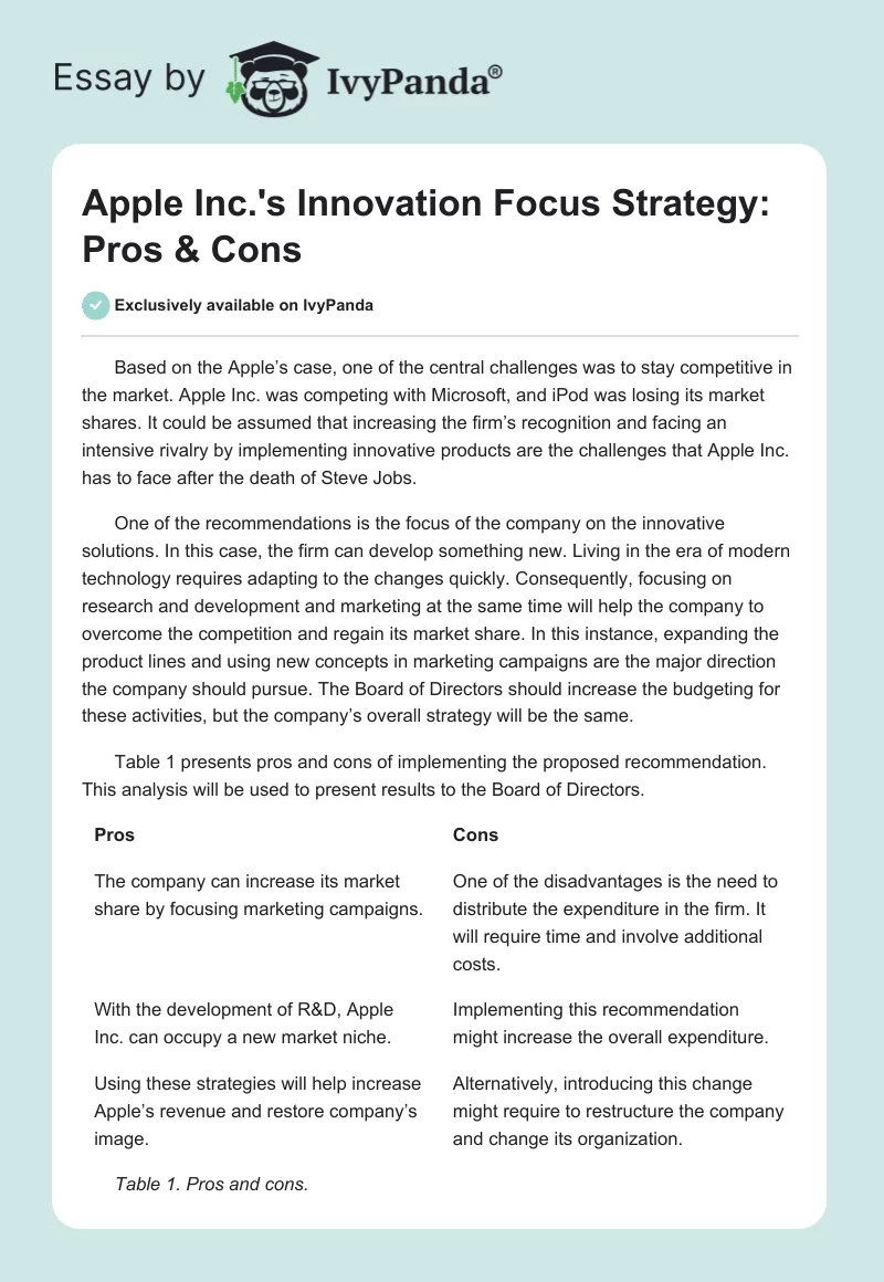 Apple Inc.'s Innovation Focus Strategy: Pros & Cons. Page 1