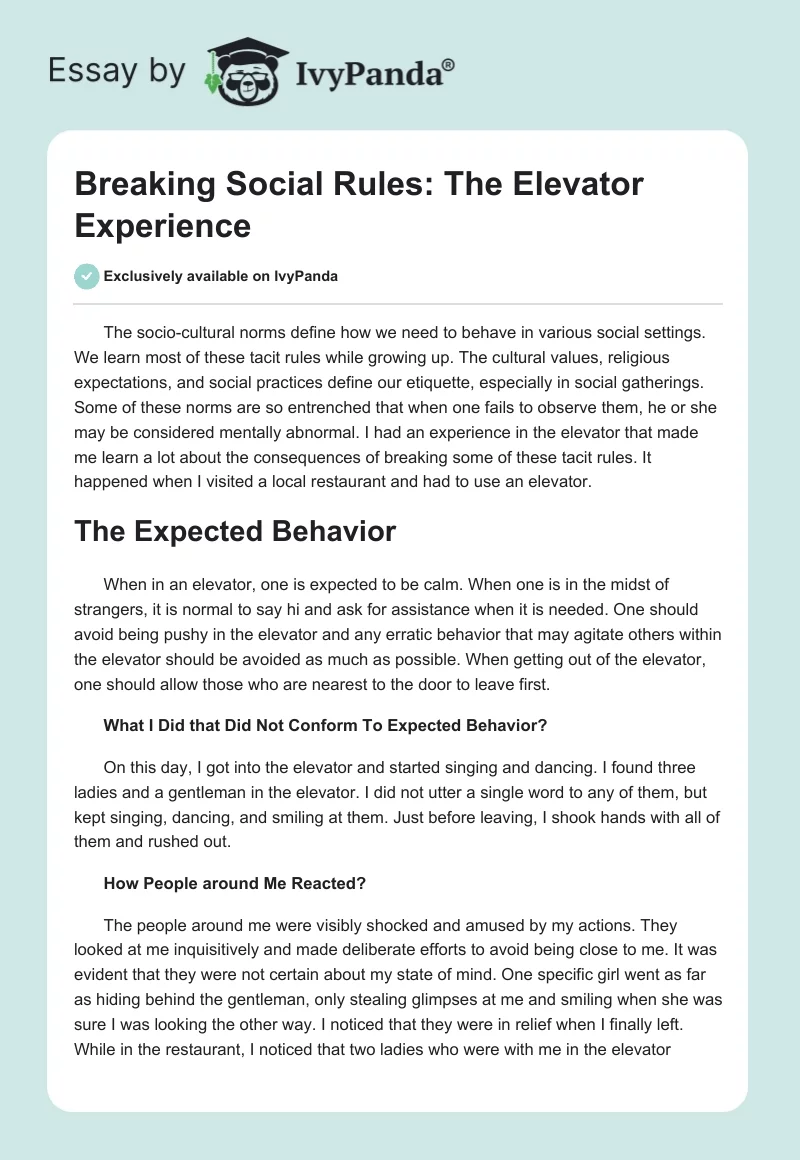 Breaking Social Rules: The Elevator Experience. Page 1