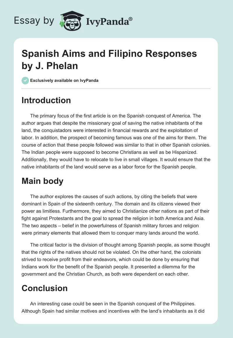 "Spanish Aims and Filipino Responses" by J. Phelan. Page 1