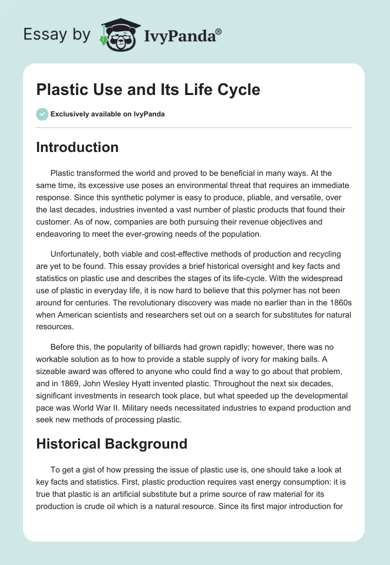 Plastic Use and Its Life Cycle. Page 1