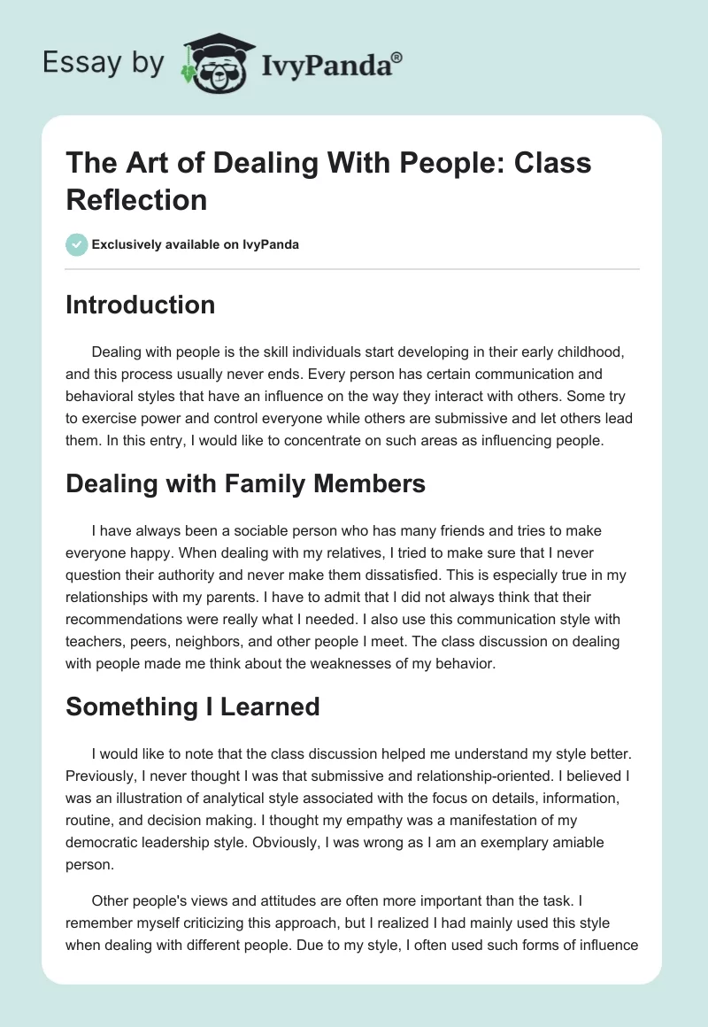 The Art of Dealing With People: Class Reflection. Page 1