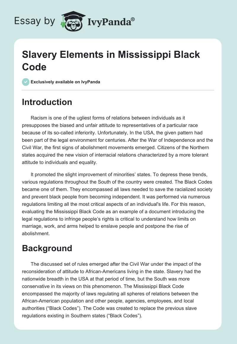 Slavery Elements in Mississippi Black Code. Page 1
