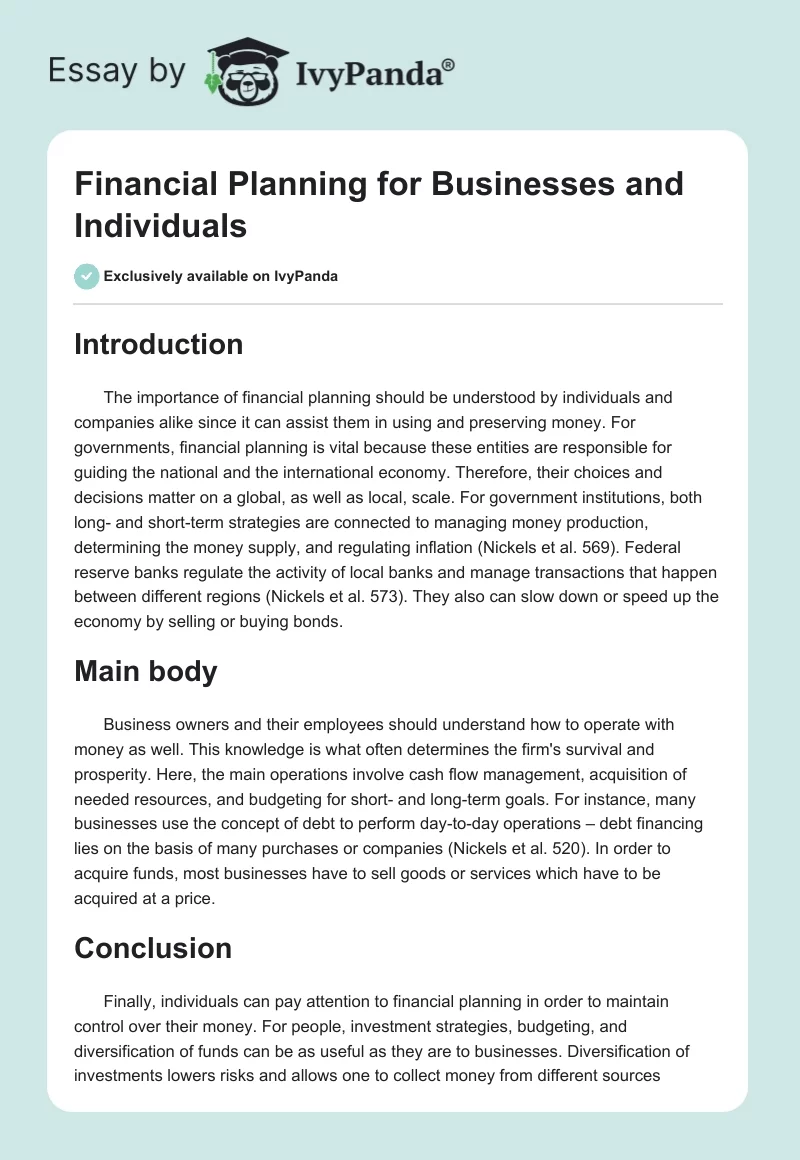 Financial Planning for Businesses and Individuals. Page 1