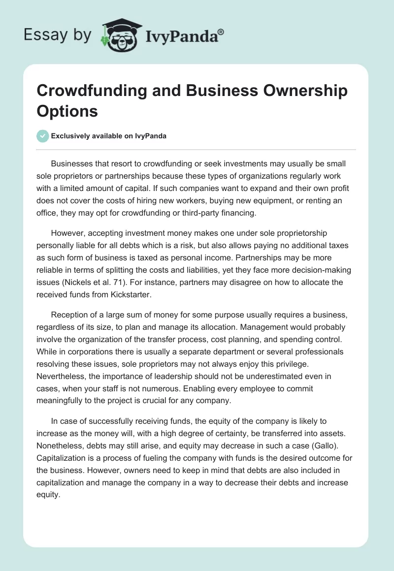 Crowdfunding and Business Ownership Options. Page 1