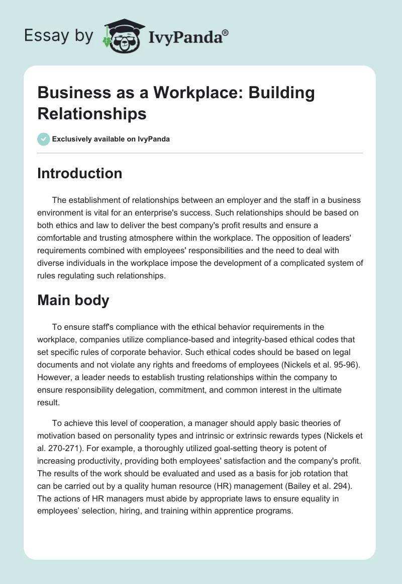 Business as a Workplace: Building Relationships. Page 1