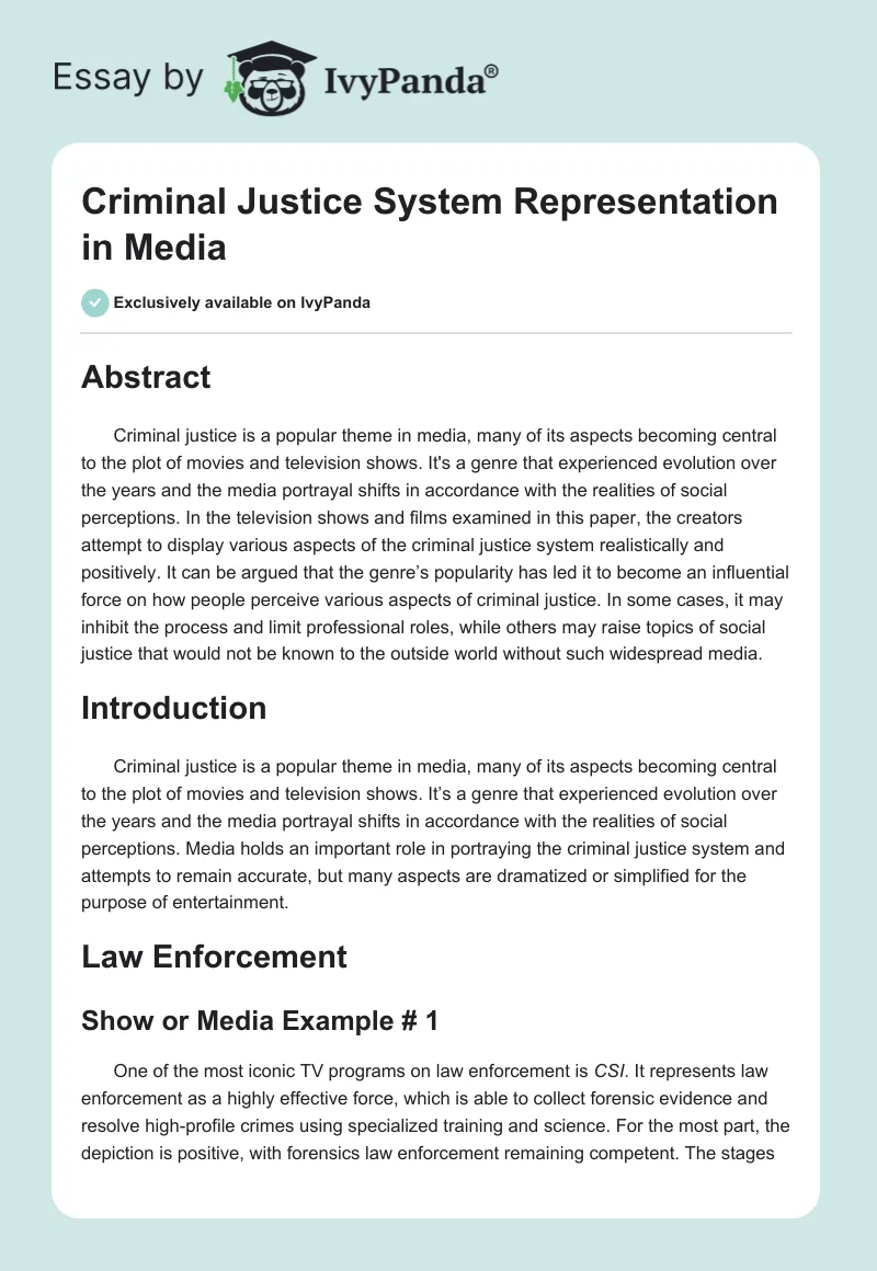 Criminal Justice System Representation in Media. Page 1