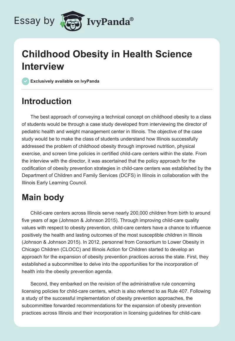 Childhood Obesity in Health Science Interview. Page 1