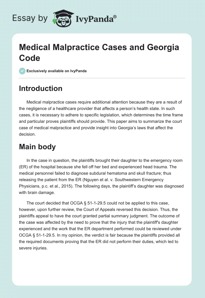 Medical Malpractice Cases and Georgia Code. Page 1