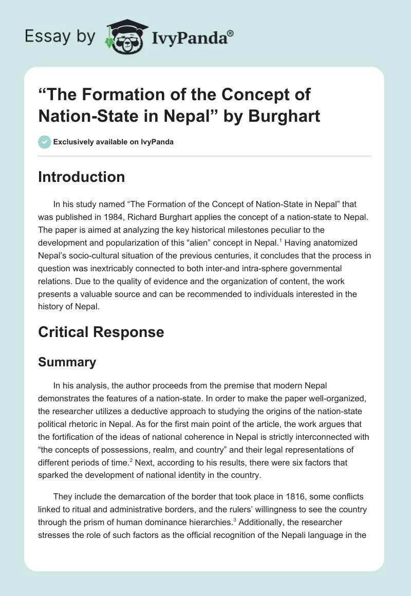 “The Formation of the Concept of Nation-State in Nepal” by Burghart. Page 1