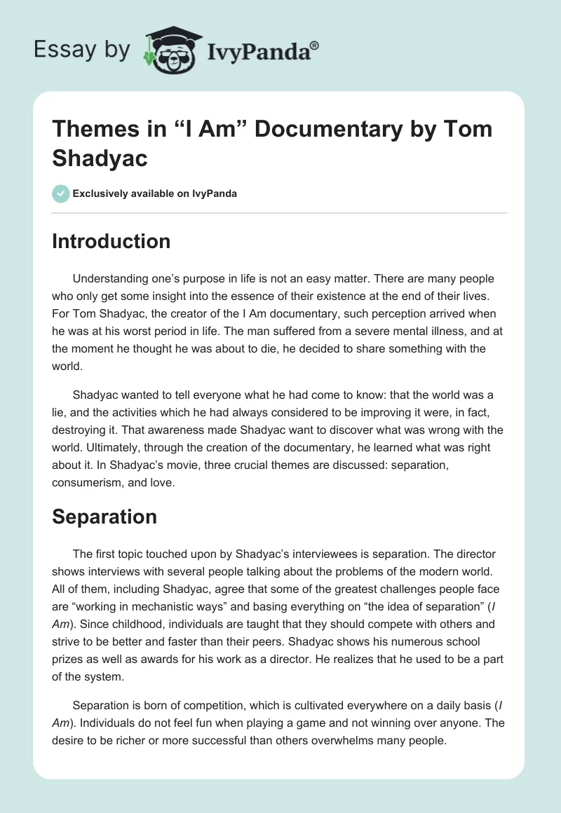 Themes in “I Am” Documentary by Tom Shadyac. Page 1
