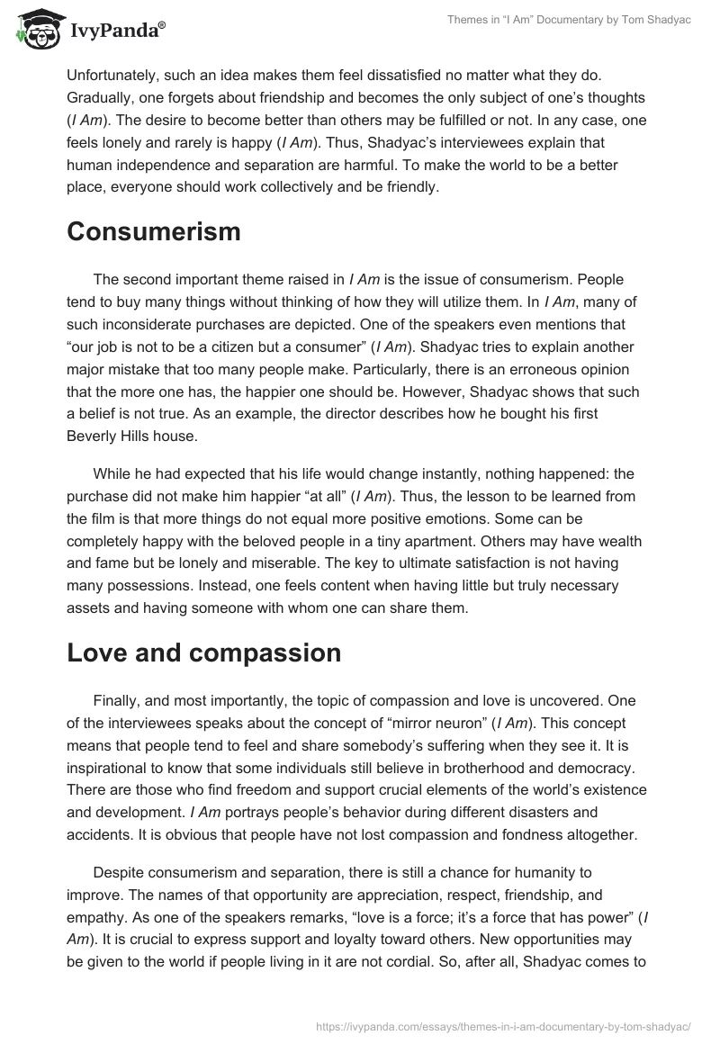 Themes in “I Am” Documentary by Tom Shadyac. Page 2