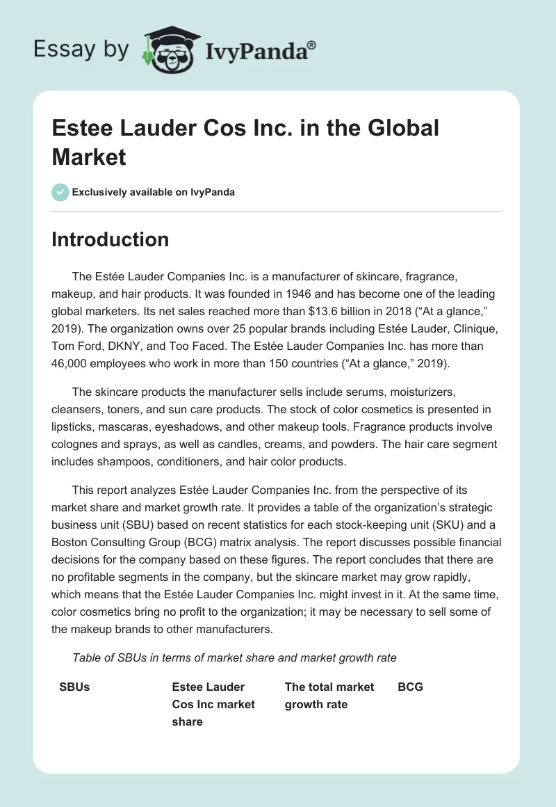 Estee Lauder Cos Inc. in the Global Market. Page 1