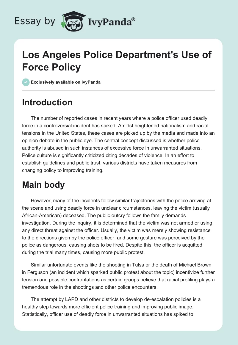 Los Angeles Police Department's Use of Force Policy. Page 1