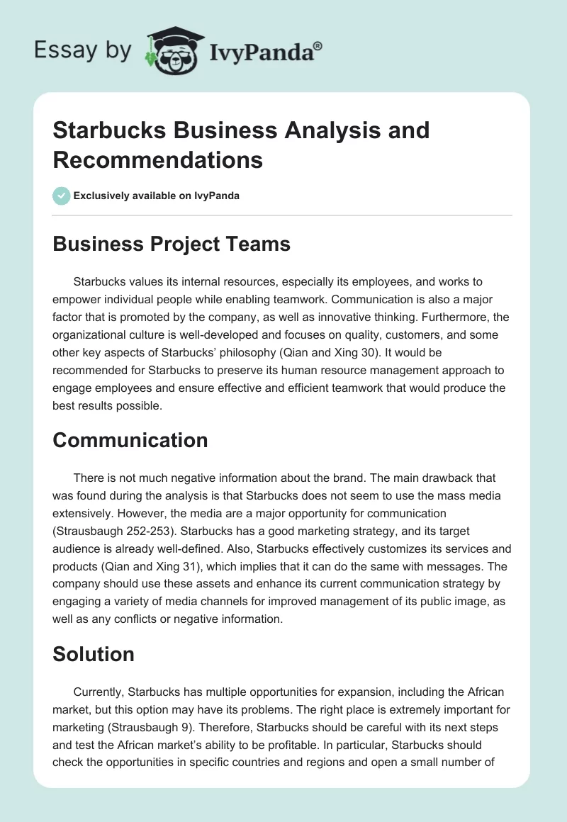 Starbucks Business Analysis and Recommendations. Page 1