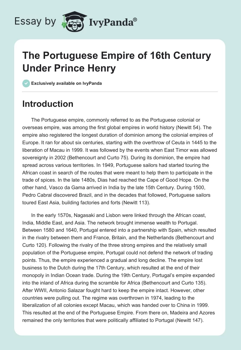 The Portuguese Empire of 16th Century Under Prince Henry. Page 1