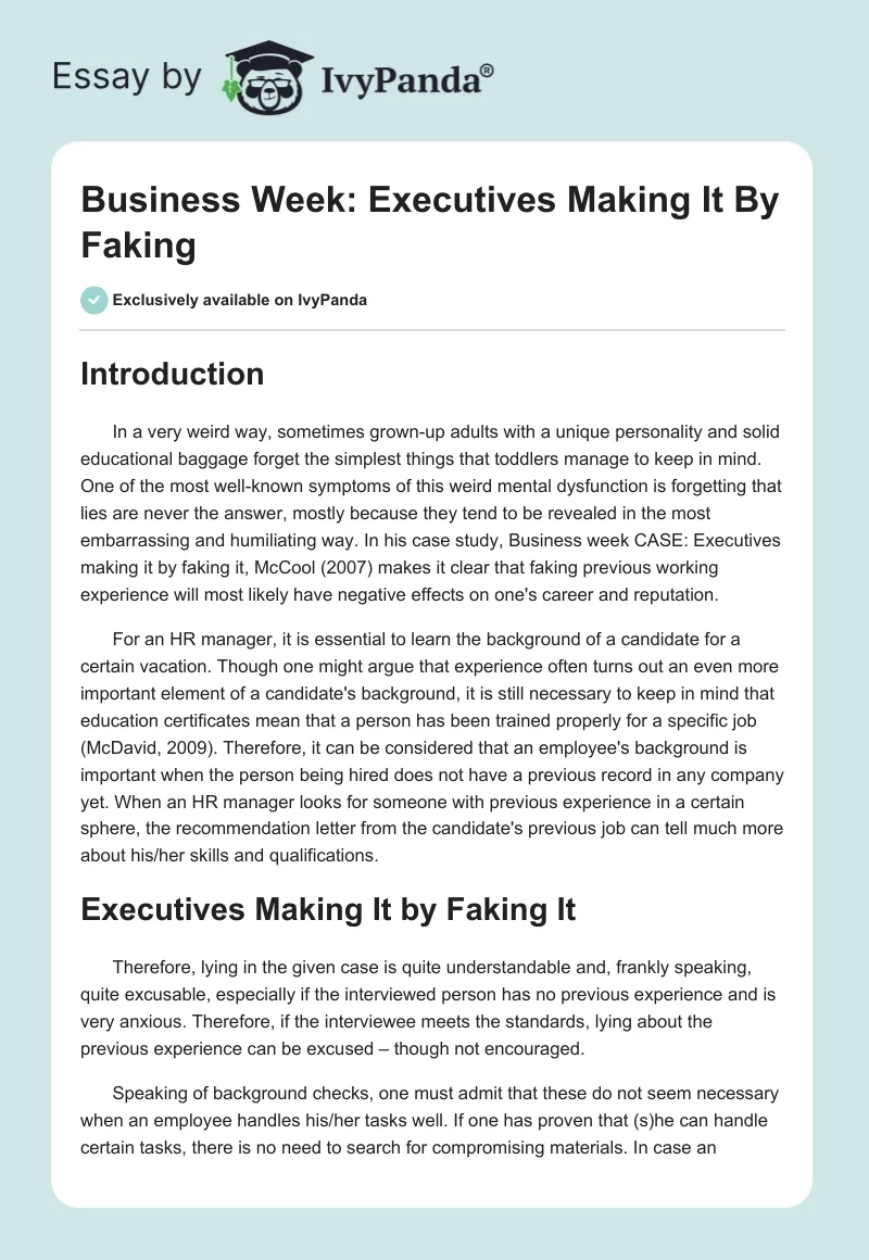 Business Week: Executives Making It By Faking. Page 1