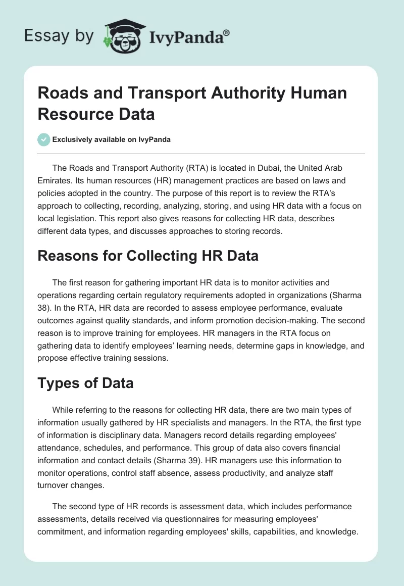 Roads and Transport Authority Human Resource Data. Page 1