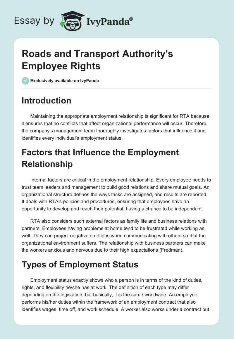 Roads and Transport Authority's Employee Rights. Page 1