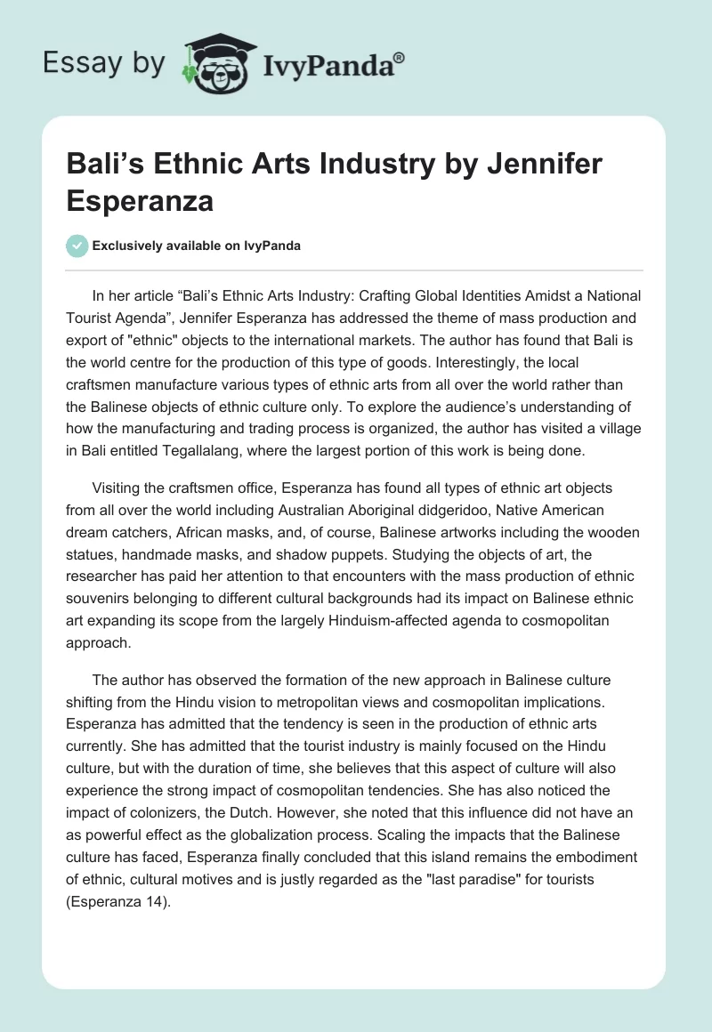 "Bali’s Ethnic Arts Industry" by Jennifer Esperanza. Page 1
