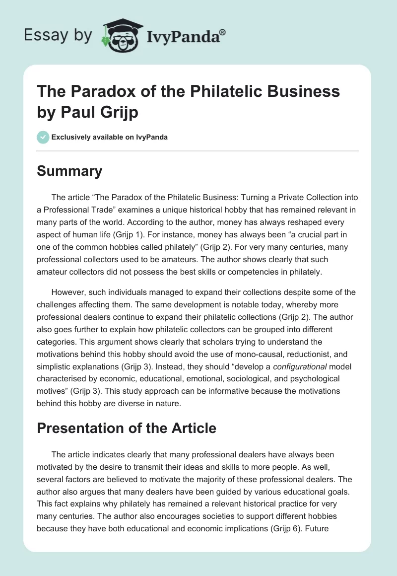 "The Paradox of the Philatelic Business" by Paul Grijp. Page 1