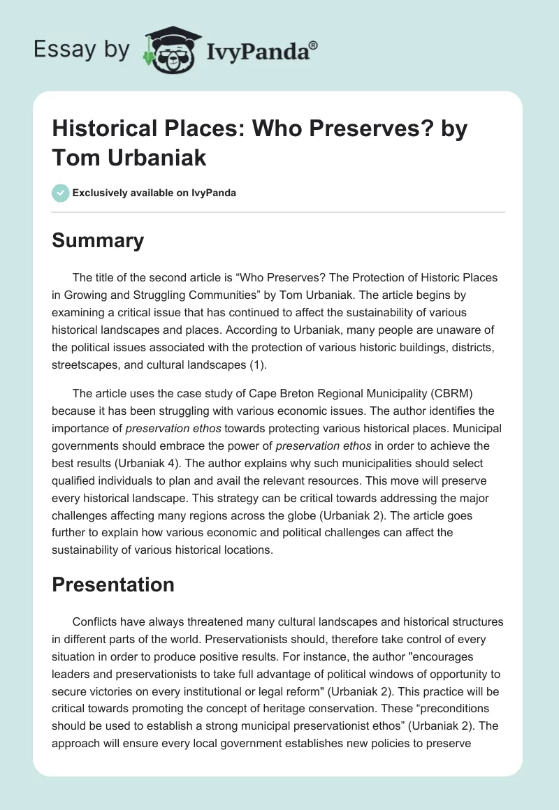 Historical Places: "Who Preserves?" by Tom Urbaniak. Page 1