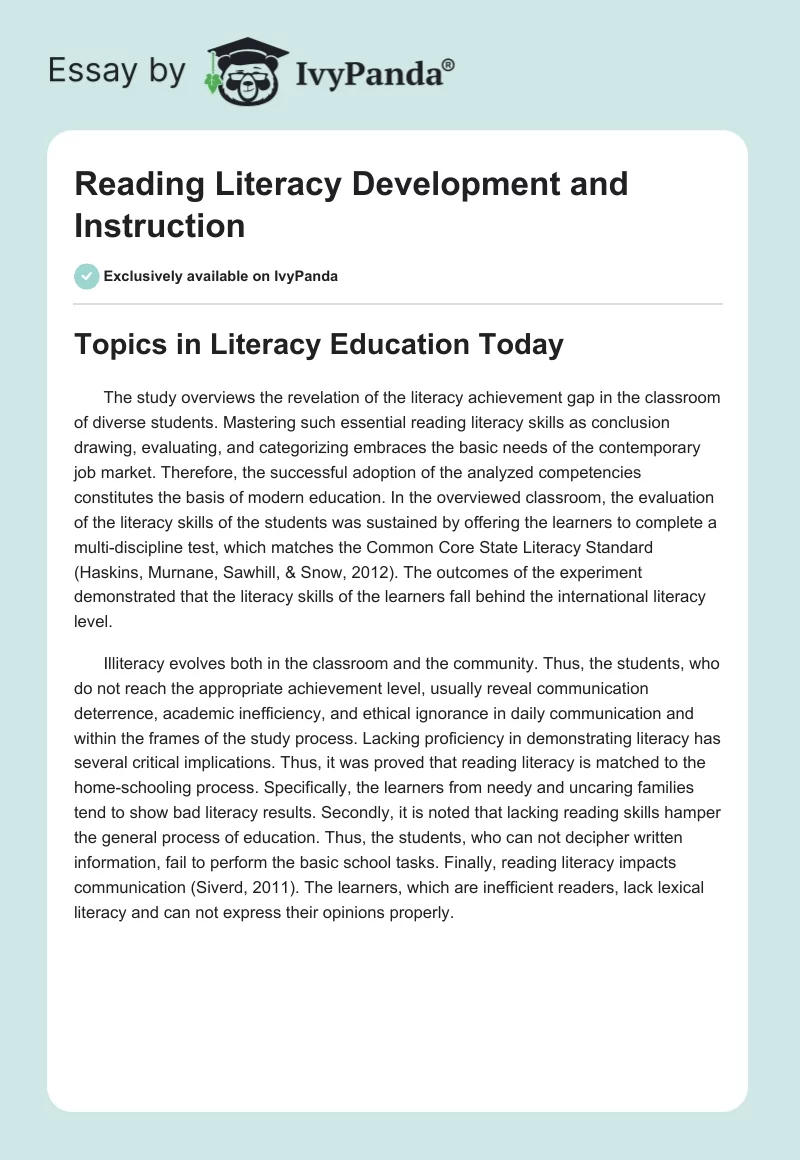 Reading Literacy Development and Instruction. Page 1