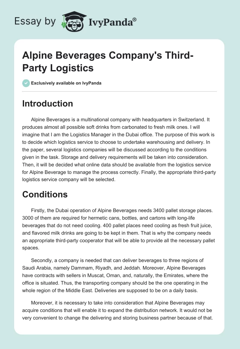 Alpine Beverages Company's Third-Party Logistics. Page 1