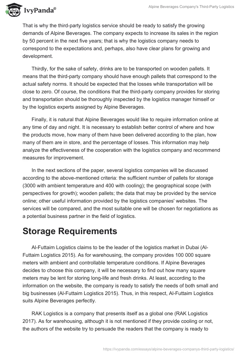 Alpine Beverages Company's Third-Party Logistics. Page 2