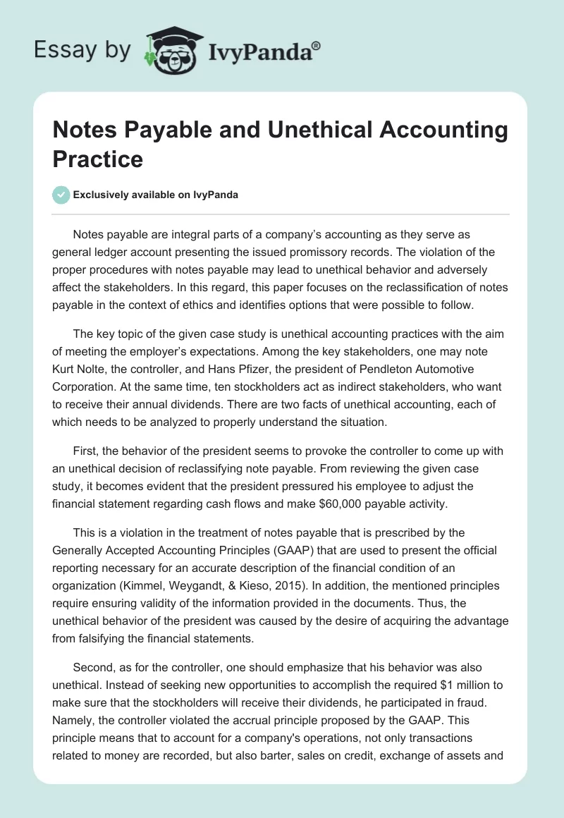 Notes Payable and Unethical Accounting Practice. Page 1