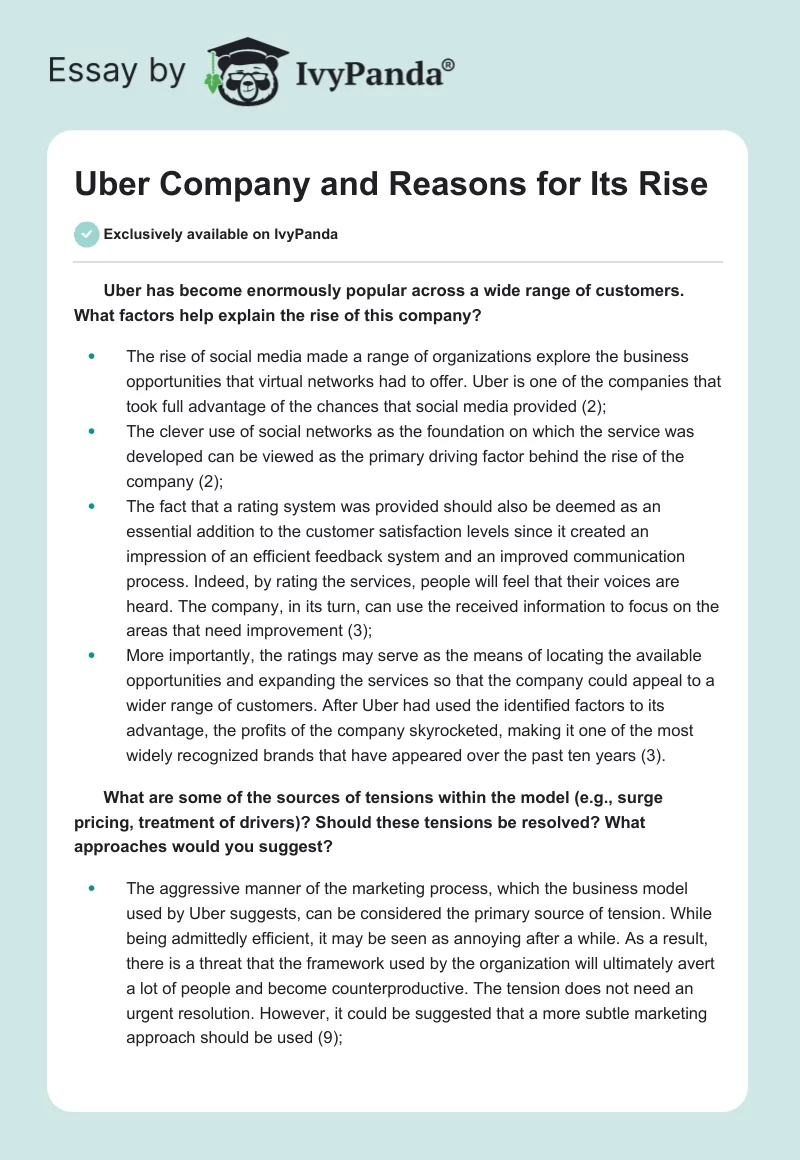 Uber Company and Reasons for Its Rise. Page 1