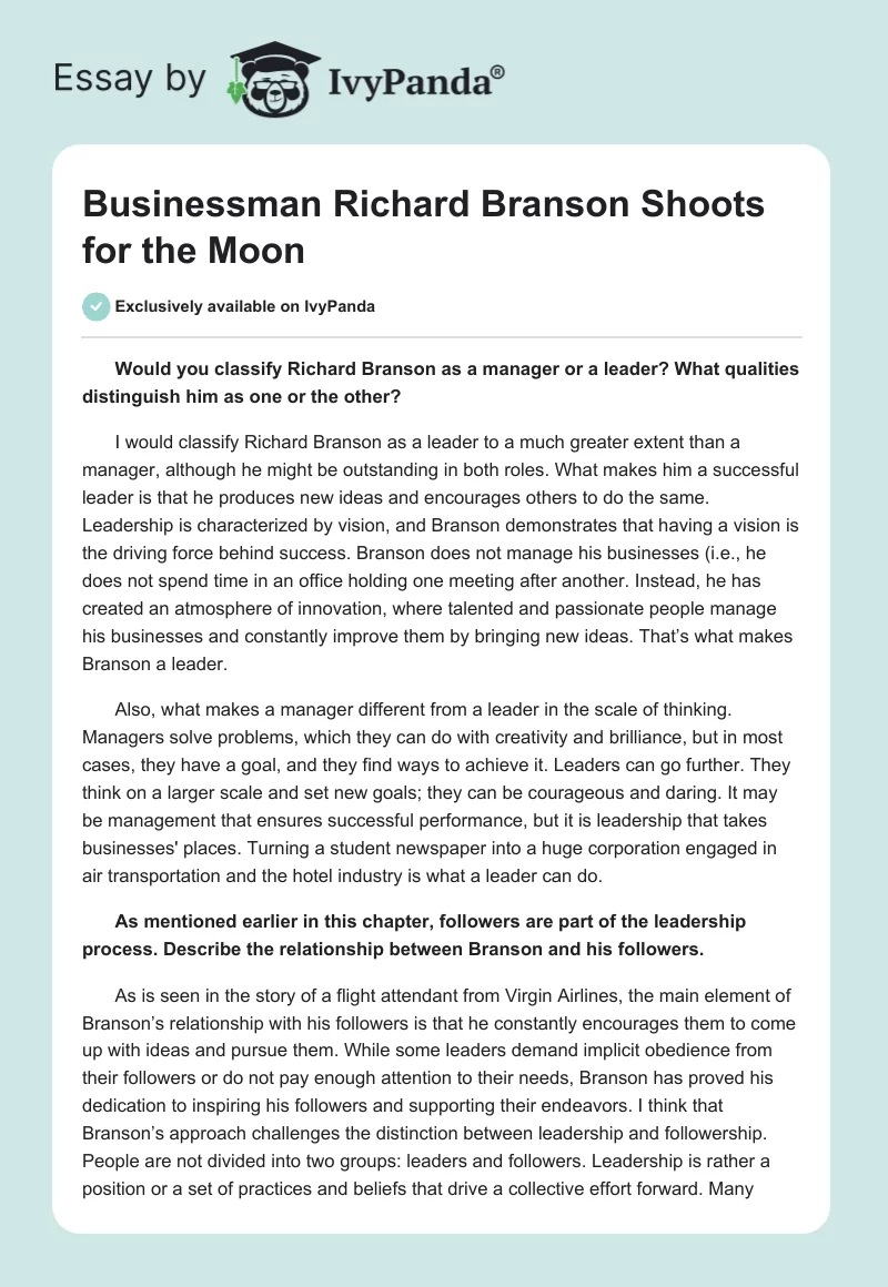 Businessman Richard Branson Shoots for the Moon. Page 1