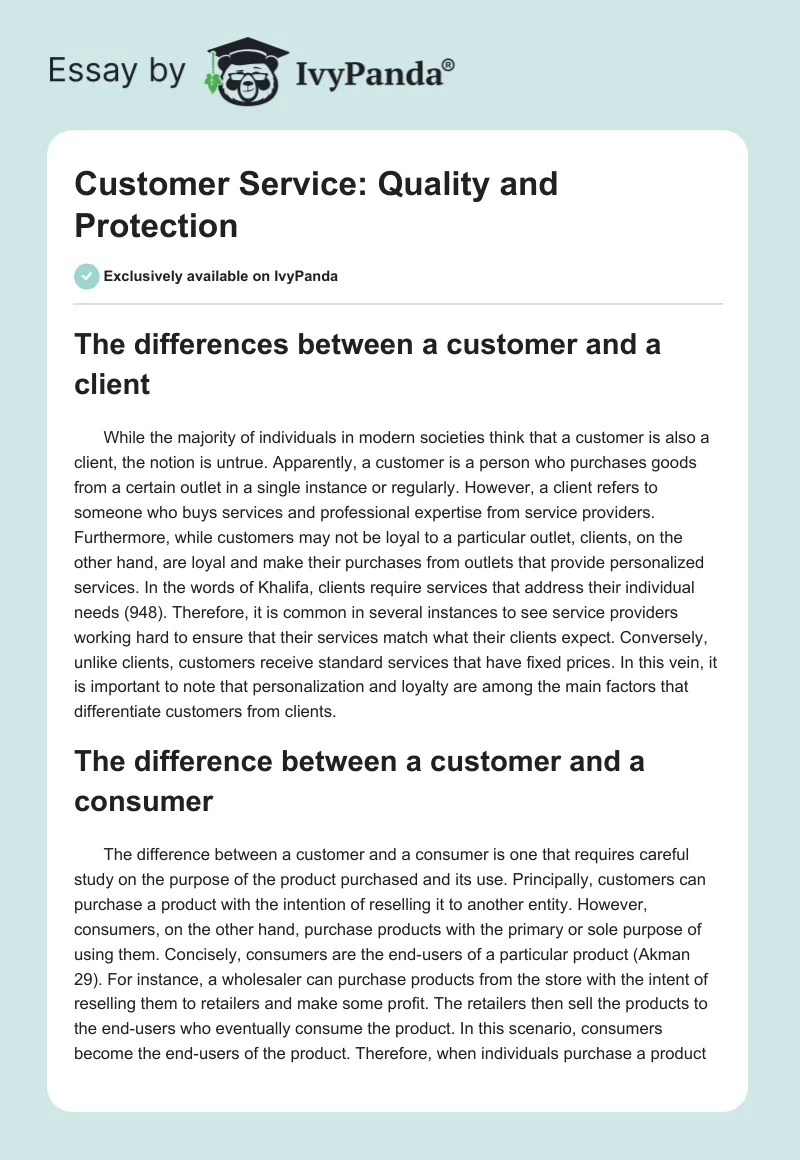 Customer Service: Quality and Protection. Page 1