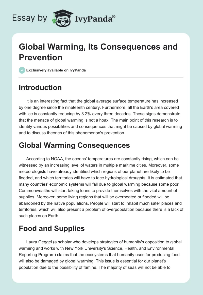 Global Warming, Its Consequences and Prevention. Page 1