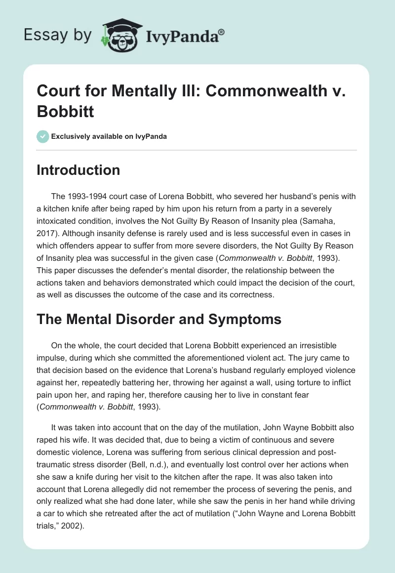 Court for Mentally Ill: Commonwealth vs. Bobbitt. Page 1