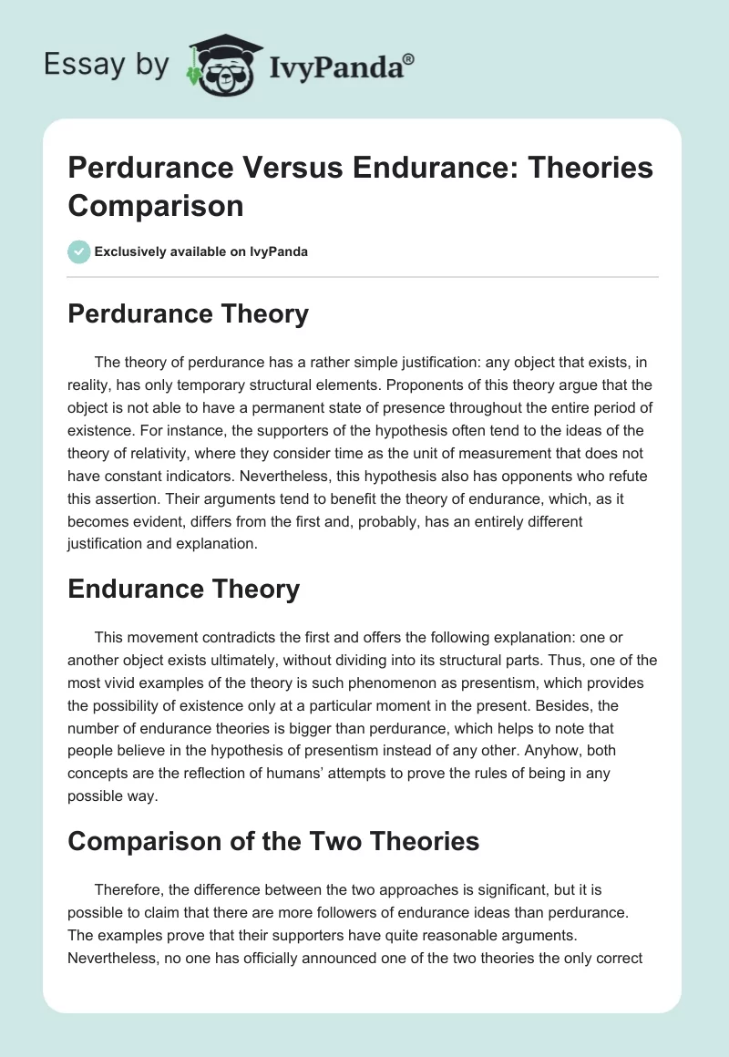 Perdurance Versus Endurance: Theories Comparison. Page 1
