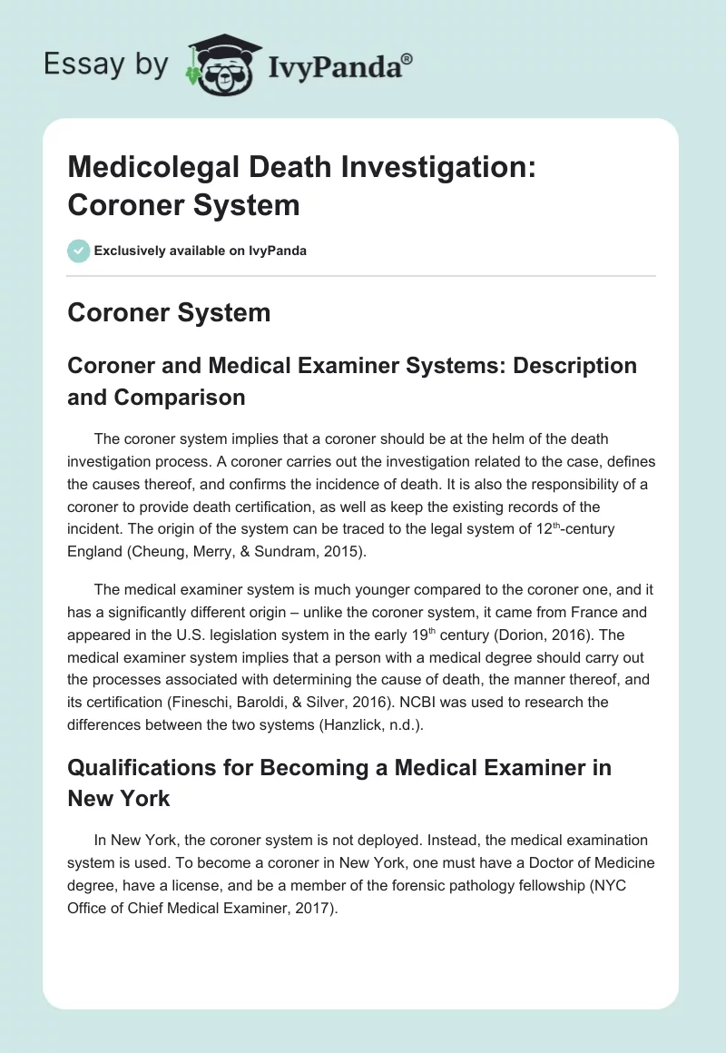 Medicolegal Death Investigation: Coroner System. Page 1